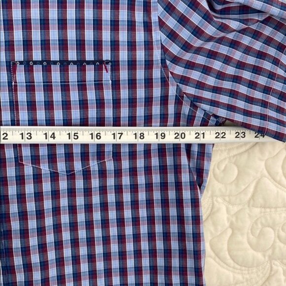 Short Sleeve Button Down Shirt Slim Fit with Blue and Red Gingham Pattern - Picture 5 of 7
